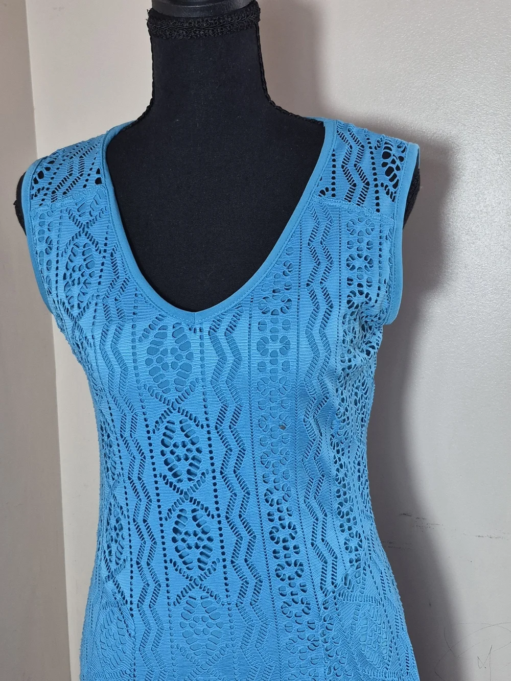 Papillon Blanc sleeveless pointelle crochet knit dress turquoise Swim Cover Up M